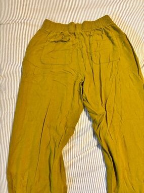Linen-Blend Yellow Green Elastic Waist Pants
